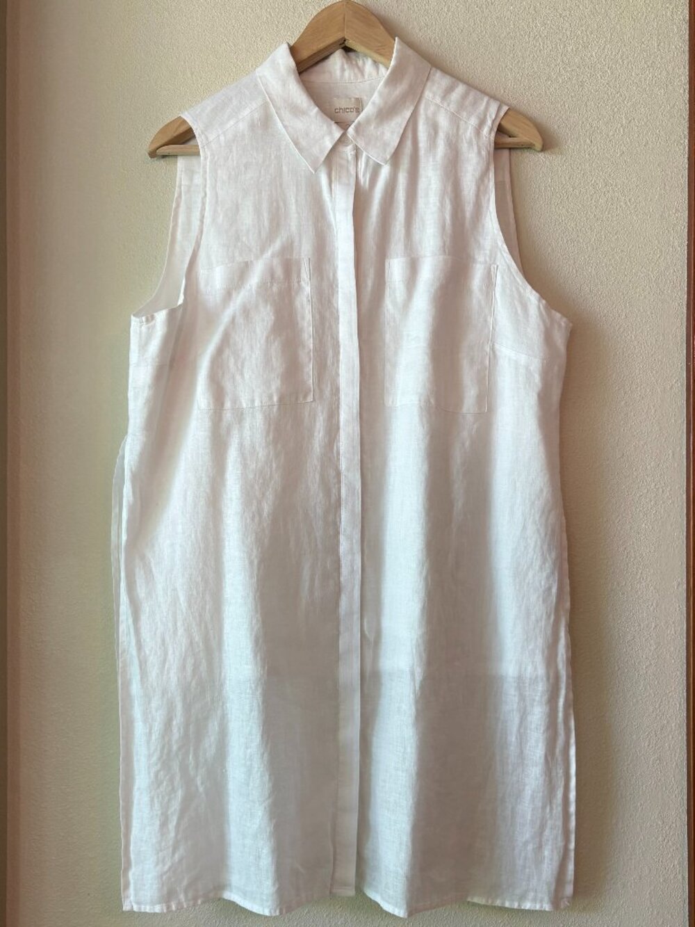 Chico's White 100% Linen Sleeveless Collared Shirt Tunic Button-up Layered Sz L